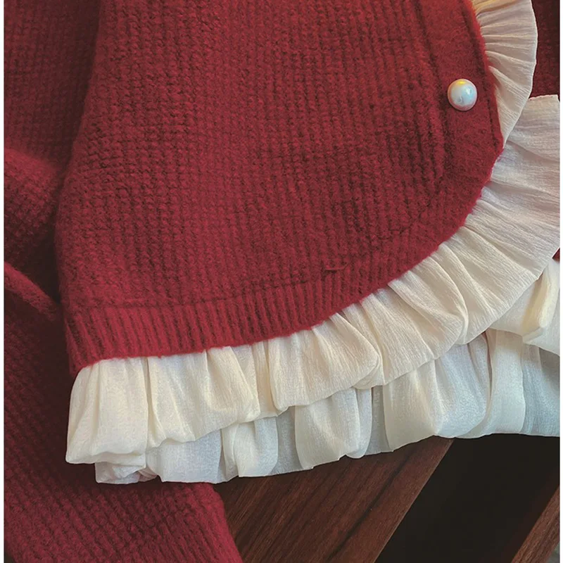 Women's Sweaters 2023 Spring Korean Vintage V-neck Pearl Button Ruffled Patchwork Pink Cropped Cardigan Long Sleeve Knitted Coat