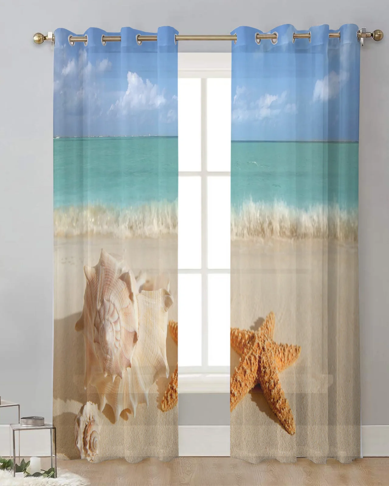 Conch Shells Starfish Beach Tulle Curtain Decorative Sheer Curtains for Living Room Bedroom Kitchen Hotel Home At Window Panels