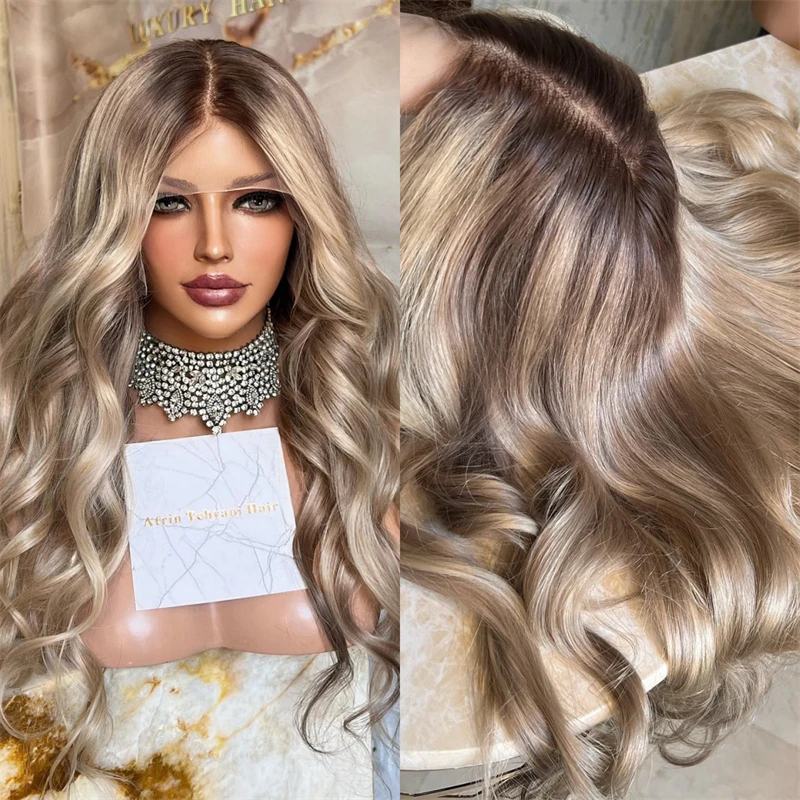تسليط الضوء على أومبير الرماد شقراء موجة طبيعية الاصطناعية HD الدانتيل شعر مستعار أمامي واقعية شعري شعر مستعار طويل الجسم موجة شعر مستعار للنساء يوميا