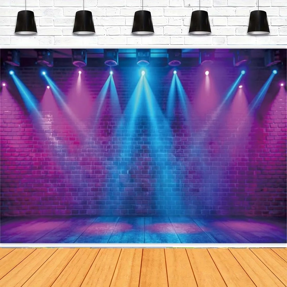 3D Stage Photography Backdrop Glow Neon Blue Laser Discos Brick Wall Background Carnival Celebration Birthday Dance Party Banner