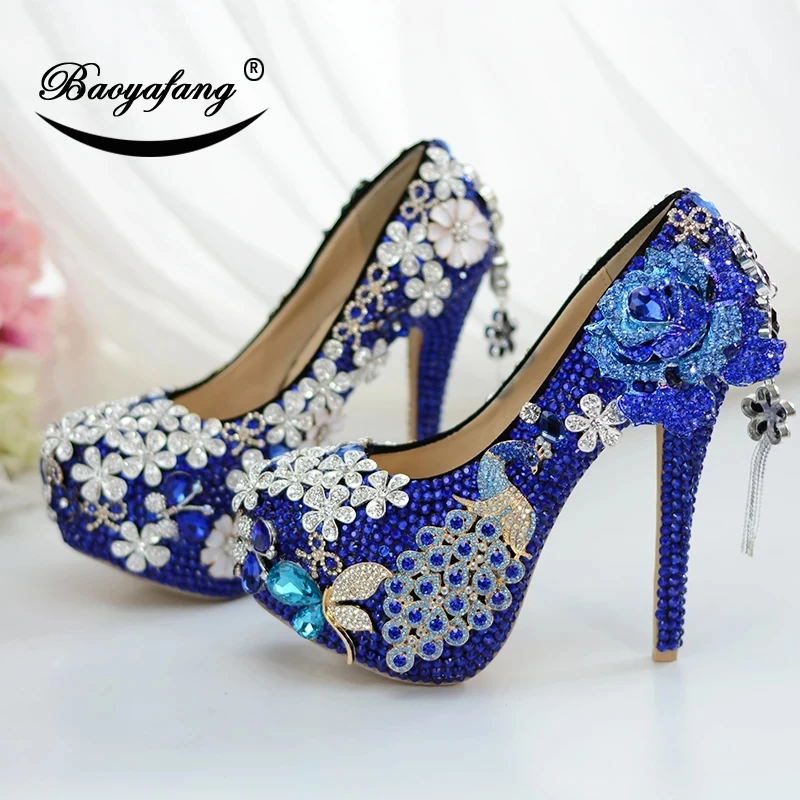 Women Crystal Wedding Shoes Luxury Royal Blue Bridal Party Dress Shoes Platform shoes for Ladies Flowers Thin Heels Pumps 14cm