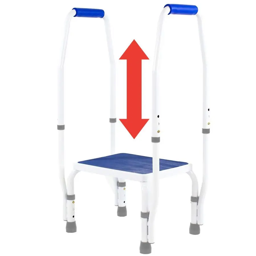 

AdjustaSteptm DoubleSafe Deluxe Step Stool Footstool with Dual Handle Handrail, Height Adjustable. Modern White Blue Design. Pad