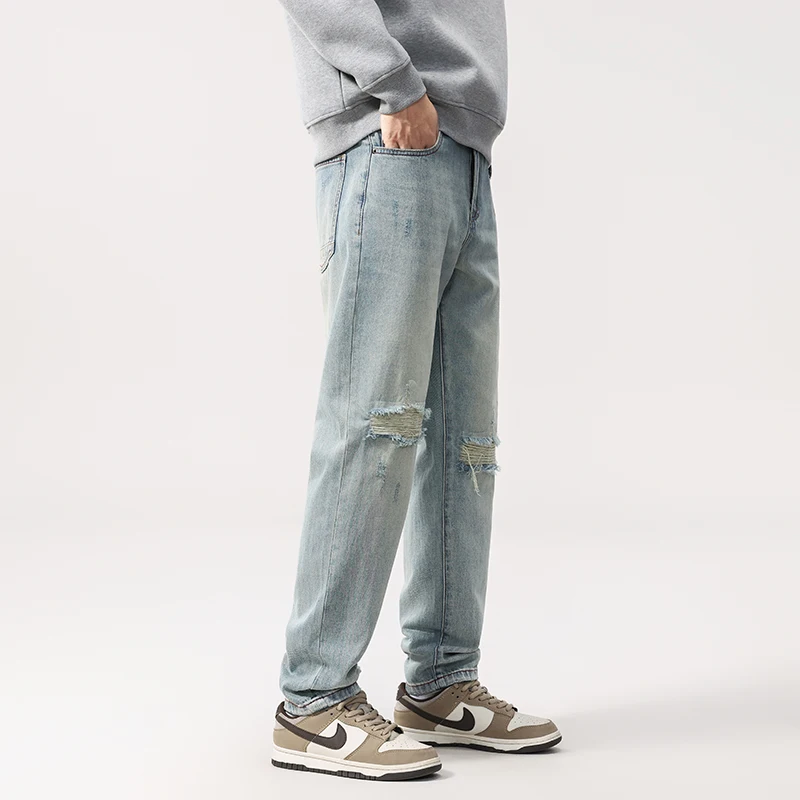 2025 outono masculino americano streetwear jeans-lavado azul solto perna reta angustiado calças jeans com rodinhas todas as estações