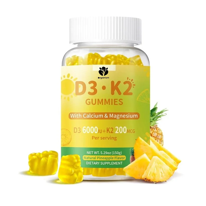 Vitamin D3 K2 gummies 6000 IU contain 200mcg K2, magnesium glycinate, and calcium citrate, supporting bone and immune health