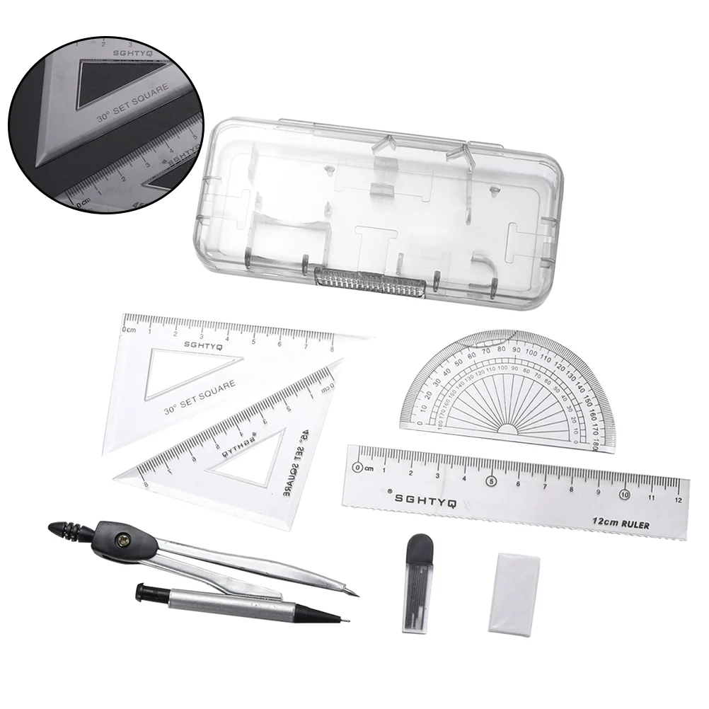 

2 Sets of 12PCS Compasses Ruler Tool Set Geometry Drawing Tool Kit Automatic Pencil Lead Eraser Ruler Special Math Ruler Set for