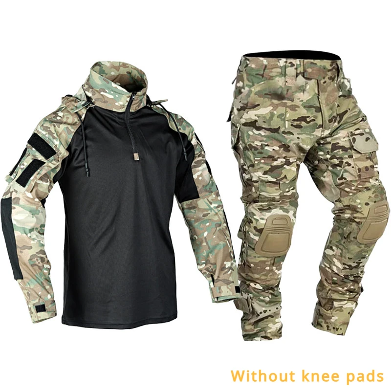 Men Train Sets Field Combat Camo Hooded Tops+Multi Pocket Tactical Pants Waterproof Hunting Uniform Frog Suits Without Knee Pads