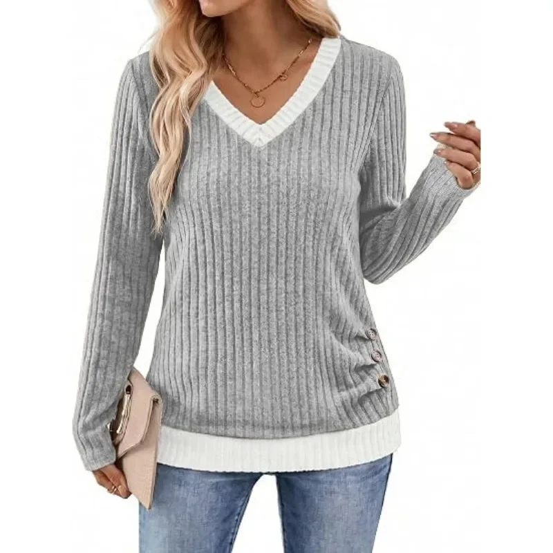 Women's Contrast Color Ribbed Knit Sweater V Neck Side Buttons Long Sleeve Pullover Casual Slim Fit Tunic Tops