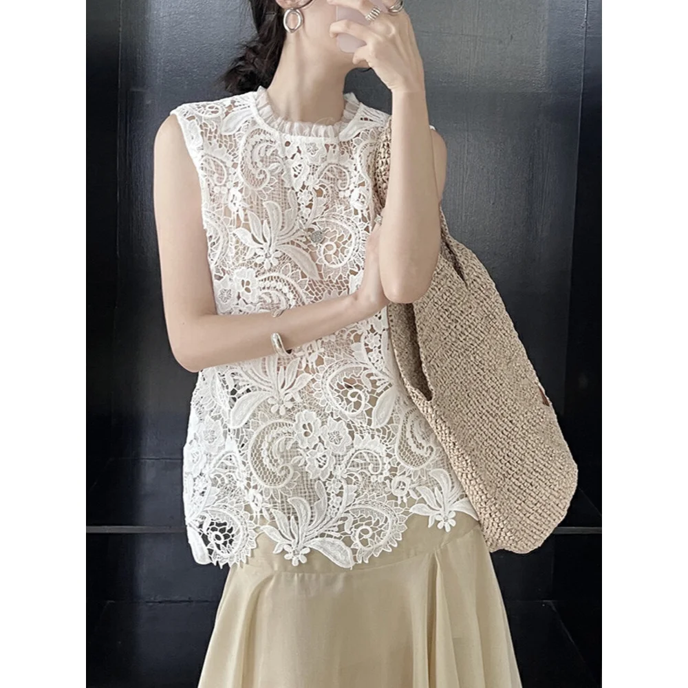 Romantic Retro Embroidered Rope Sleeveless Vest Versatile Low Collar Patchwork Breathable Ultra-Short Ladies' Summer Top