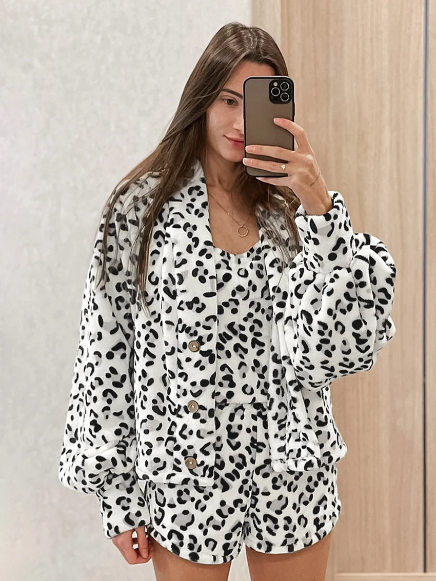 

Marthaqiqi Leopard Print Women'S Pajamas 3 Piece Set V-Neck Robe Long Sleeve Nightwear Tank Tops Sleepwear Shorts Nightgown Suit