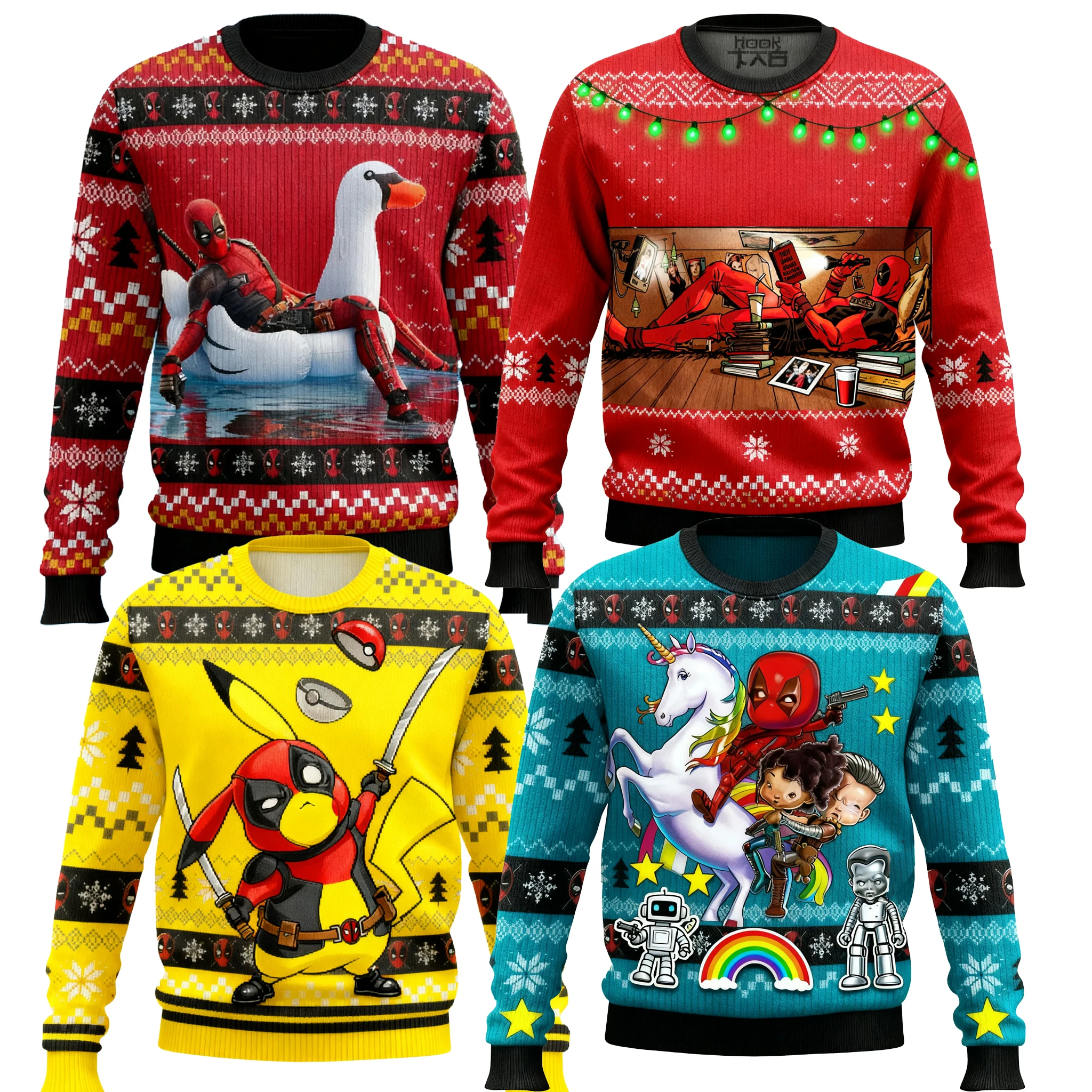 

Рождественский уродливый свитер с супергероем Дэдпулом Marvel, забавный креативный повседневный свитер для отдыха, вечеринки, детский забавный рождественский подарок с единорогом