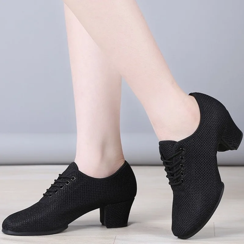 Women Summer Mesh Dance Shoes Latin Ballroom Soft Sole Mid Heel Teacher Square Dance Shoes