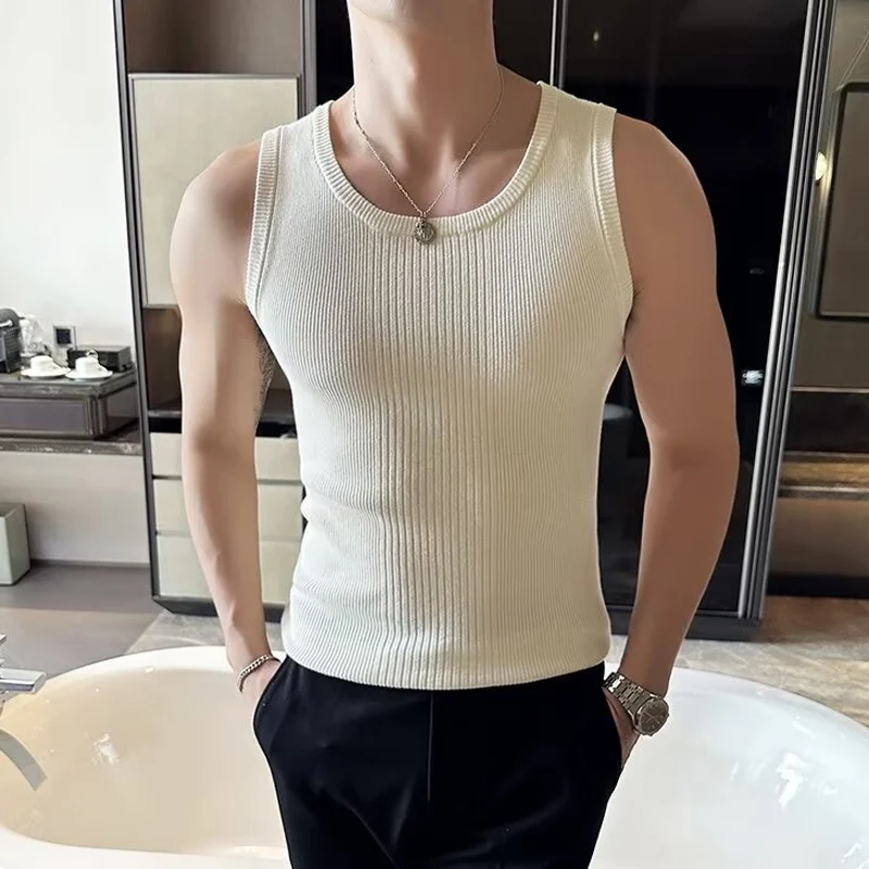 

Fashion Striped Knitted Tank Tops Men Slim Fit Crew Neck Sleeveless Knit Vest For Mens Summer Casual Solid Color Sports Camisole