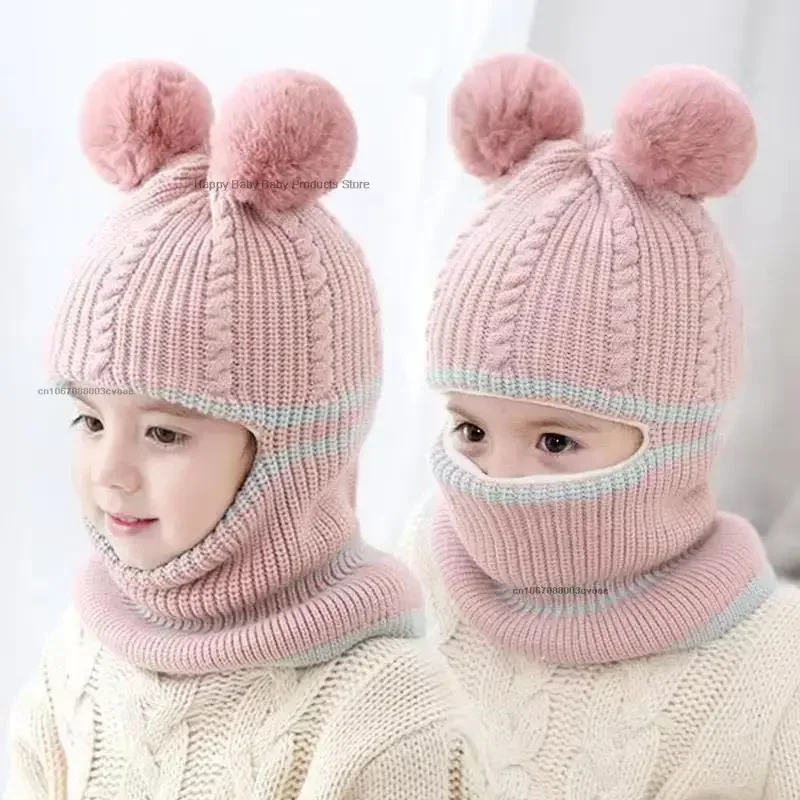 2-5Y Winter Baby Hat Scarf One-Piece Pompom Knit Hat for Kids Warm Neck Ball Cap for Girls Boys Windproof Beanies Infant Cap