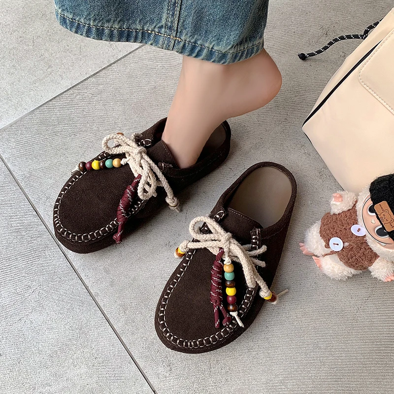 Arden Furtado Autumn Cow suede Increased Internal Mules Round toe Lace up Flat Slippers Casual Large size Fashion slippers