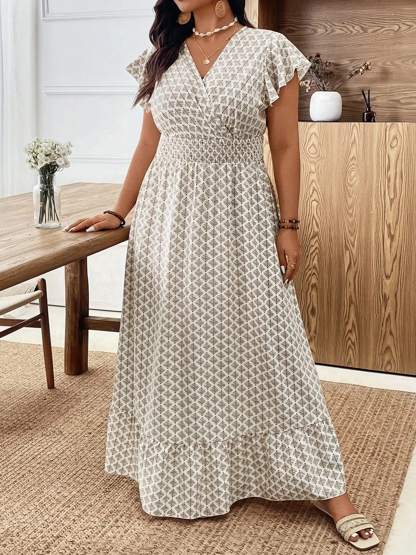 

Elegant Floral Print Ruffle Short Sleeve Elastic Waist Maxi Dress For Women
