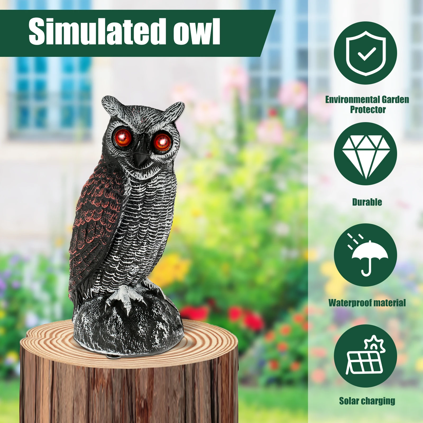 Solar Fake Owl 2 Working Modes Owl Bird Deterrent Waterproof Solar Owl Scarecrow Decoy with Red Flashing Eyes & Sound for Garden