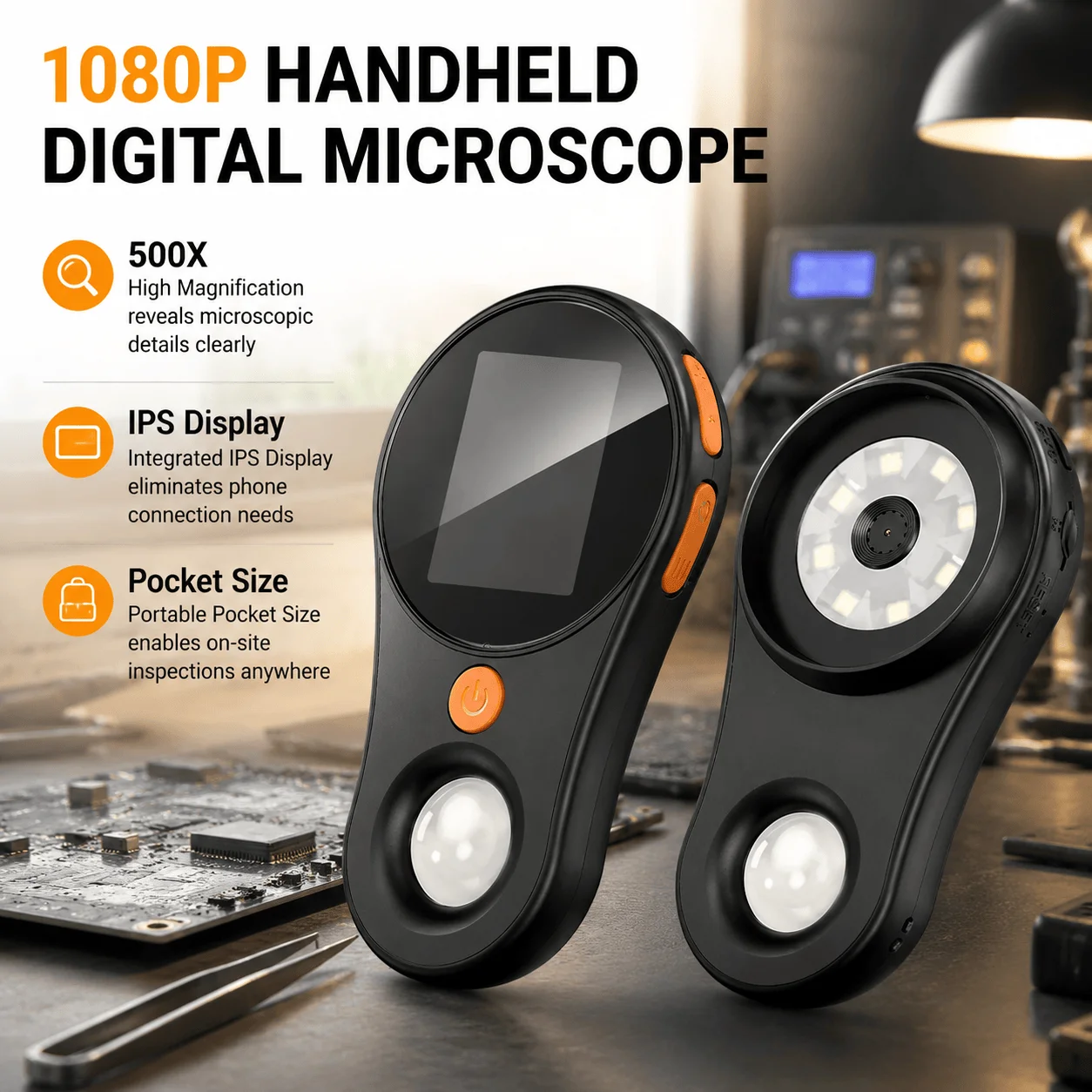 Digital Microscope 500X Handheld Portable USB Electronic Repair Soldering Tool 1080P HD IPS Display Magnifier Inspection Camera
