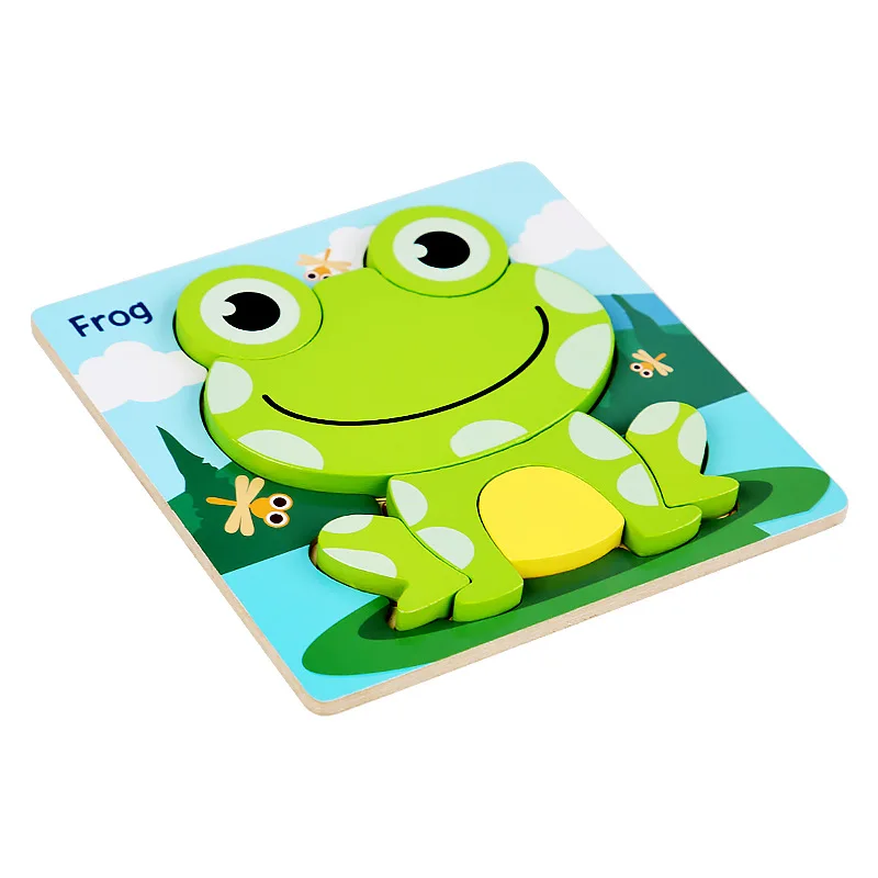 Toddler Puzzles Wooden Jigsaw 5.87 in with 3D Cartoon Animals Frog Elephant Owl Lion Shape Montessori Toys for Infant Kids