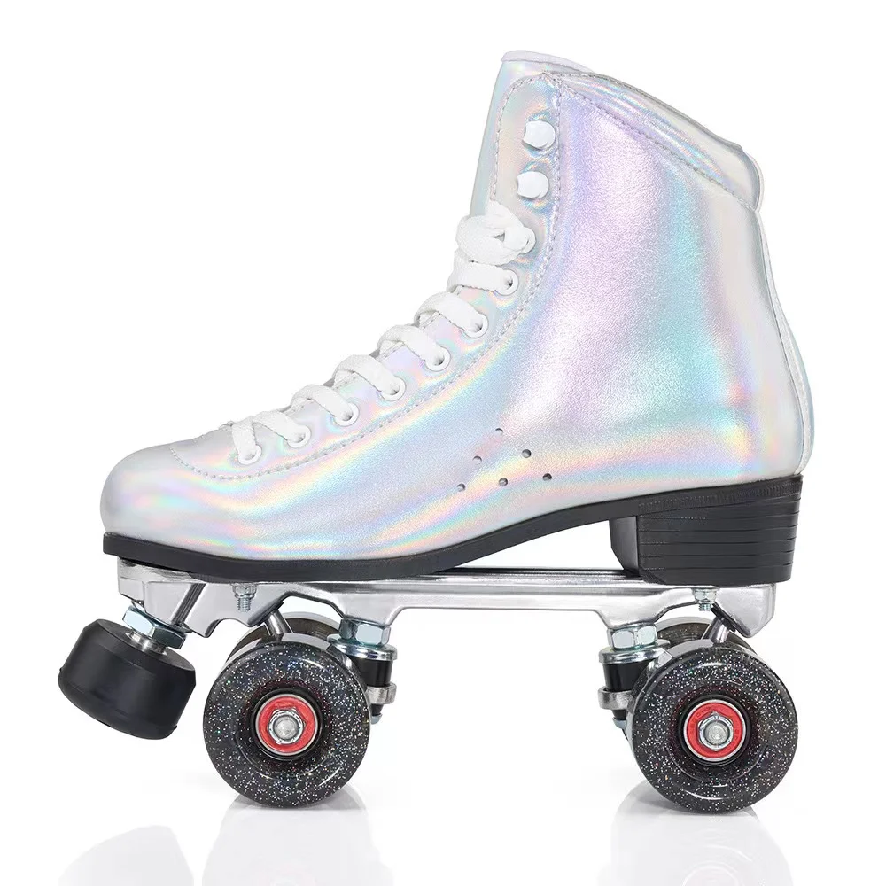 Microfiber Leather Double Row Roller Skate Shoes, 2 Line, Silver, Laser Fabric, Adjustable Brake, PU Flash, 4 Wheels