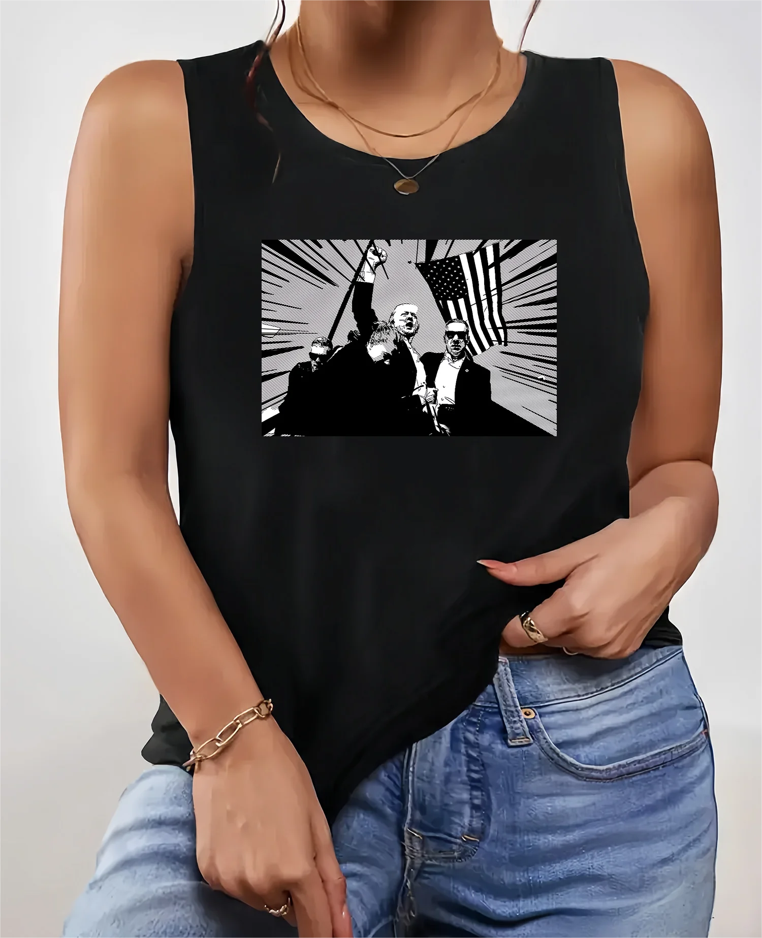 Chaleco sin mangas de talla grande para mujer, L-5XL holgada con cuello redondo, ropa de calle de verano, camisetas sin mangas de gran tamaño, color negro, 2024