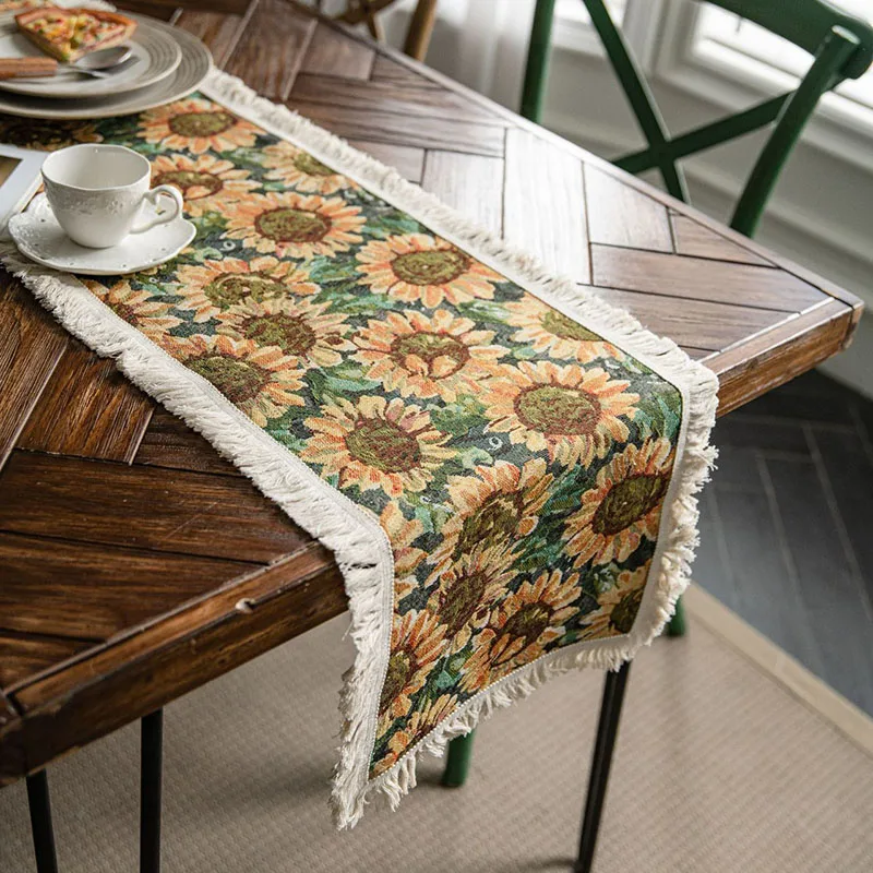 Oil Painting Printed Table Runner with Tassels American Table Cloth for Wedding Party Cozy Cotton and Linen Home Accessories