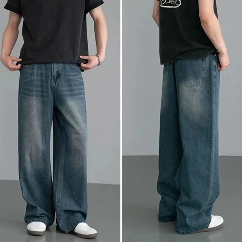 

Men's Denim Pants Old Blue Washed Male Jeans Straight Casual Menwear Loose Wide Leg Trousers New Fashion