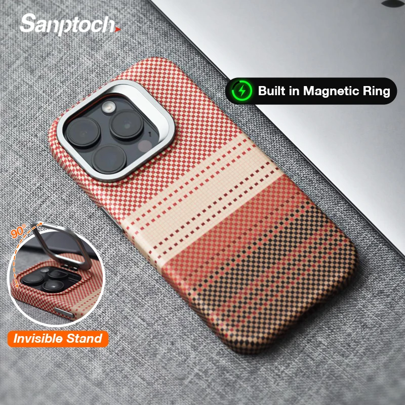 

Magnetic Phone Case With Camera Lens Stand For iPhone 13 14 15 16 Pro Max Plus Carbon Fiber Texture Matte Hard Cover For Magsafe