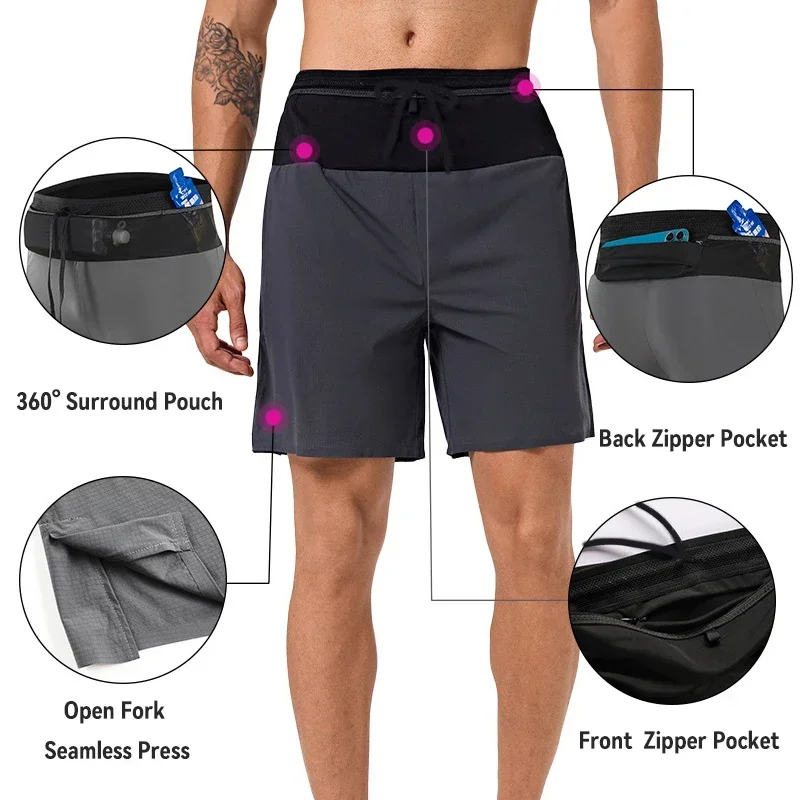 Mens  Quick Dry Running Shorts with Multi Pocket Zipper for Marathon Training