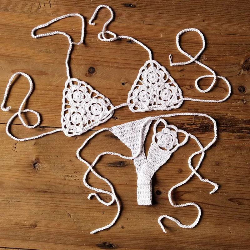 Summer Beach Hand Crochet Two-Piece Solid Color Bandage Bikini Set For Women Hollow Bikini Set Women'S Swimsuits Beachwear