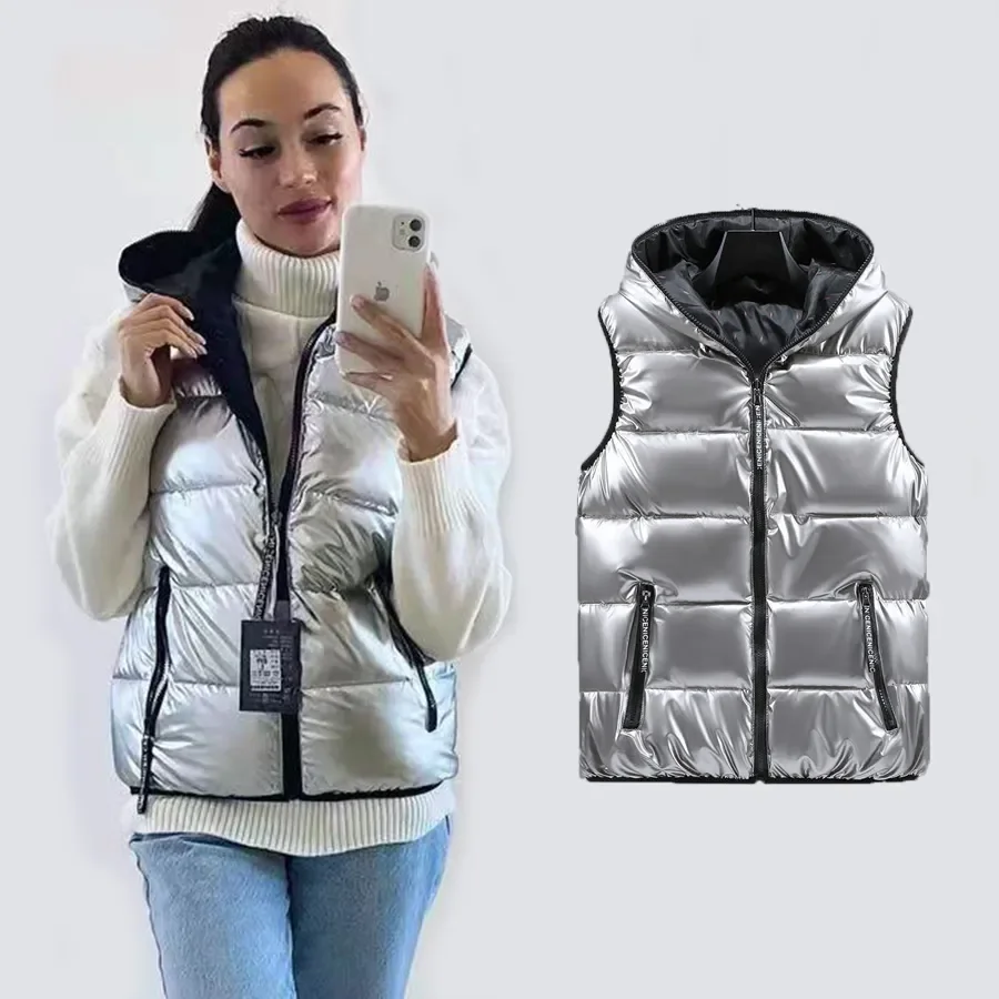 

2023 New Women Winter Vests Hooded Short Bright Color Vest Cotton Padded Sleeveless Coat Female Waterproof Thick Waistcoat