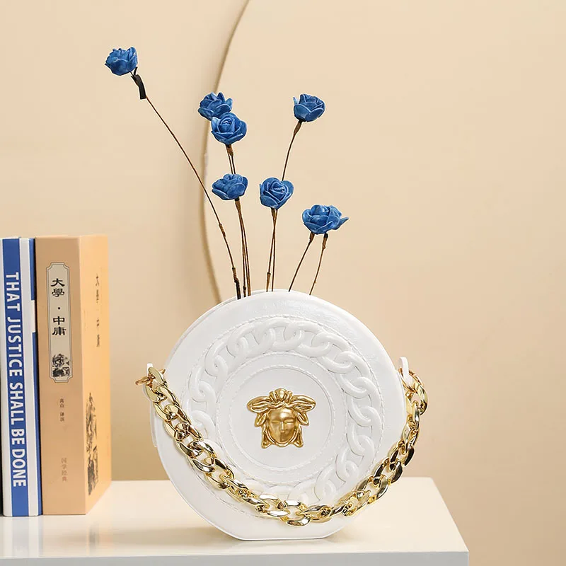 R31 Hot Sale Nordic Round Head Vase With Chain Resin White Artificial Human Head Vase Flower Art For Home Living Room Decor