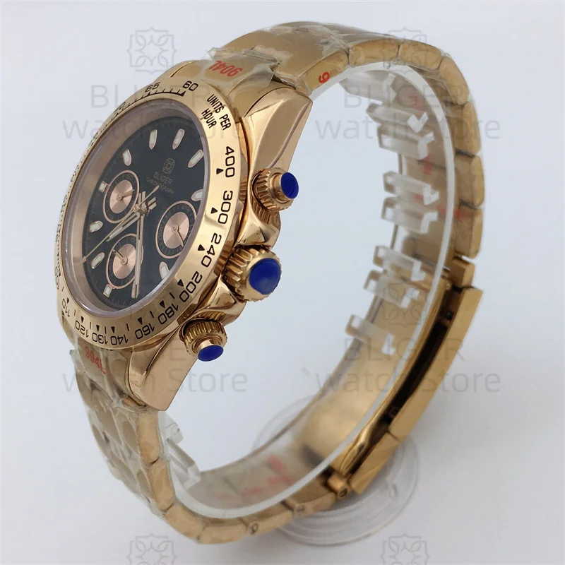 BLIGER jam tangan pria kristal safir 39mm, arloji bisnis kronograf kuarsa emas mawar modis mewah Dial hitam bercahaya gerakan VK63