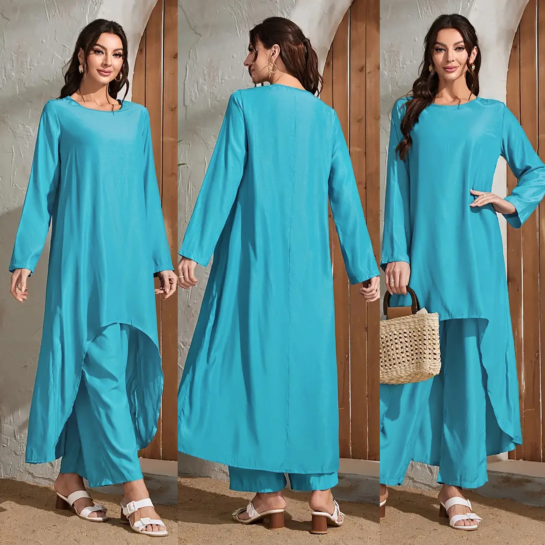 

Women's Muslim Two Piece Set Fashion Elegant Solid Colour Irregular Long Dress Top Wide Leg Pants Robe Abaya Muslim Woman Dubai