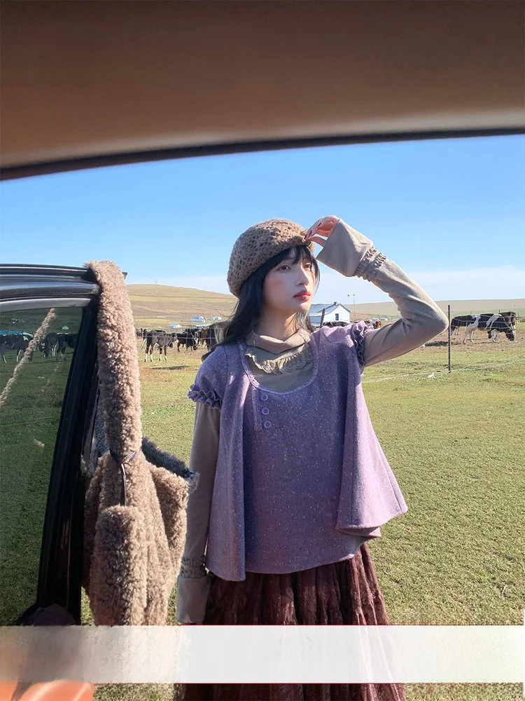 

Женская фиолетовая шерстяная кофта Holid Map "Taro Mud Bobo" с рюшами и пэчворком, повседневная, свободного кроя