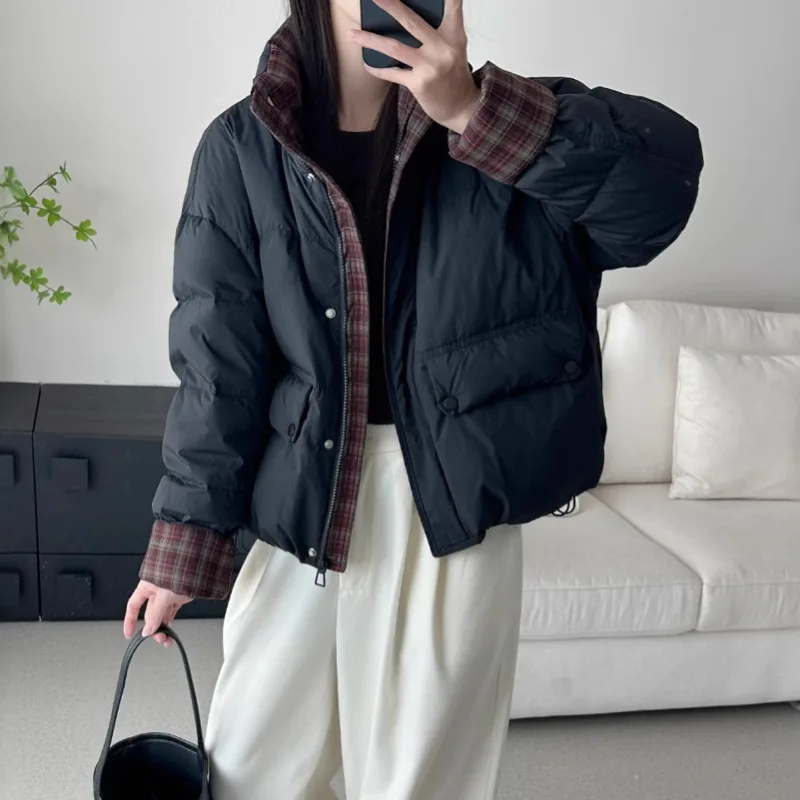 Women Patchwork Color Plaid Short Down Jacket Loose Casual Stand Collar Winter White Duck Down Puffer Jacket Women JK-237
