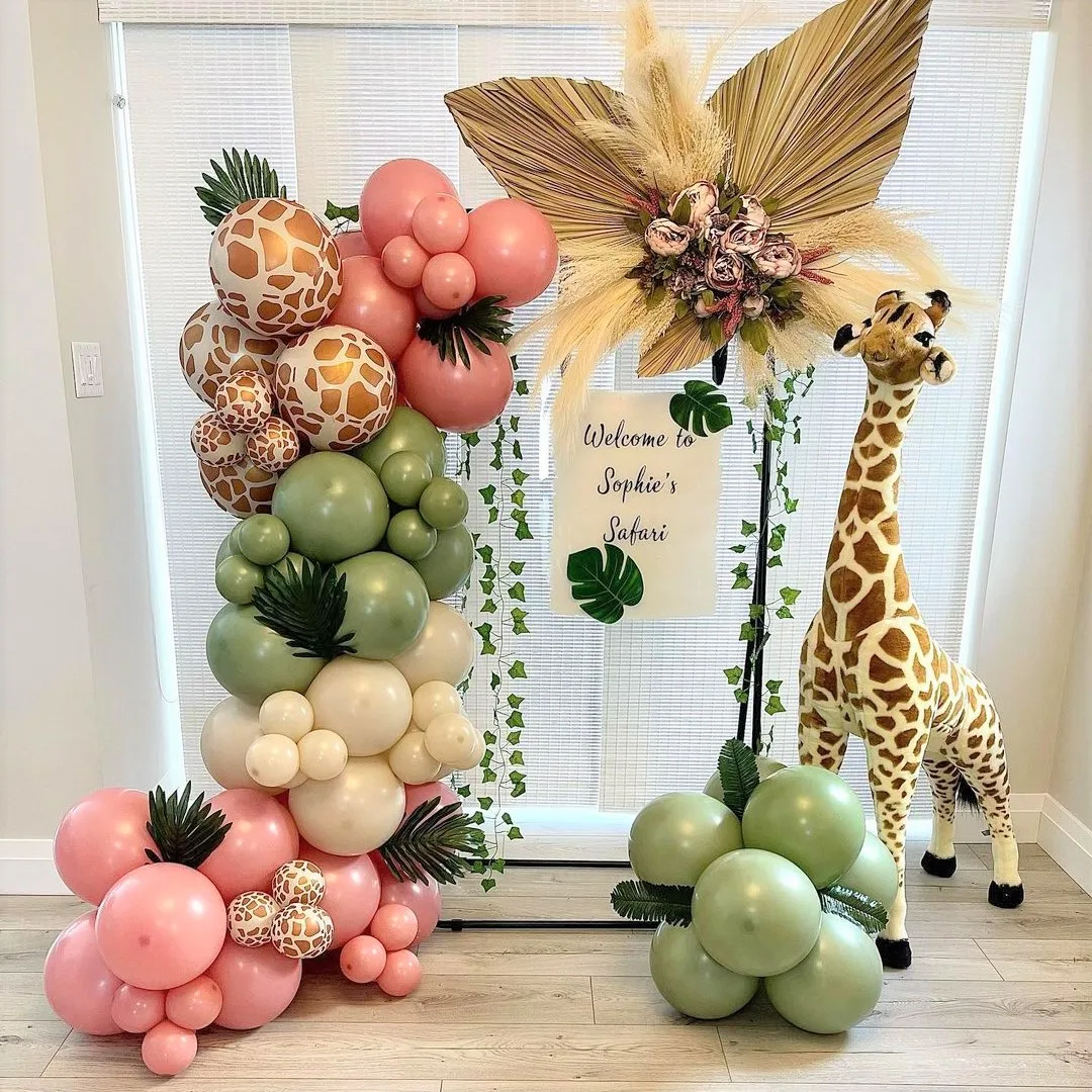 Safari Birthday Party Giraffe Printed Balloon Garland Kit Wild One Baby Shower Decorations Vintage Pink Green Latex Balloon Arch