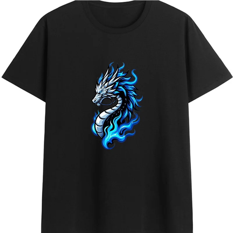 Cotton  100% Men Cool Blue Flame Dragon Graphic T‑Shirt Myth Creature Print Short Sleeve Casual Summer O‑Neck Daily Tees Tops