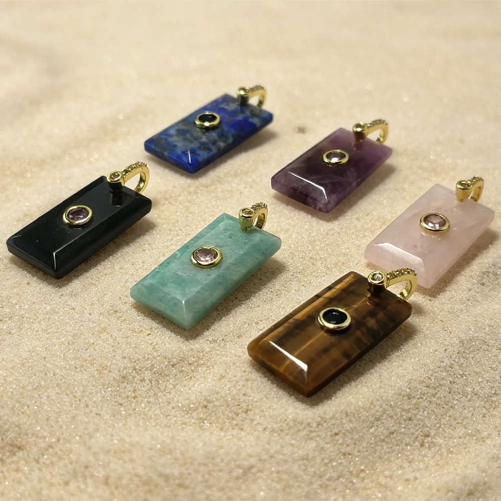 Rectangular Bar Natural Semi Precious Stone Charms Golden Plated CZ Inlay Bulk Mixed Stones DIY Craft Components P2D1007