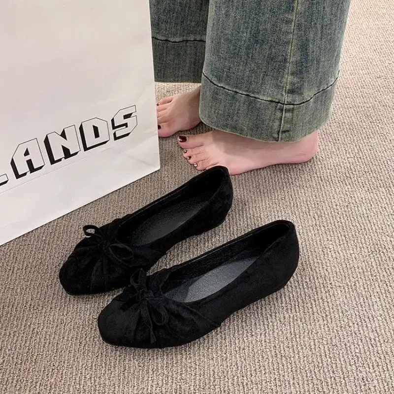 Women Square Toe Suede Ballet Flats Bow Knot Slip‑on Soft Comfortable Daily Casual Dress Flat Shoes