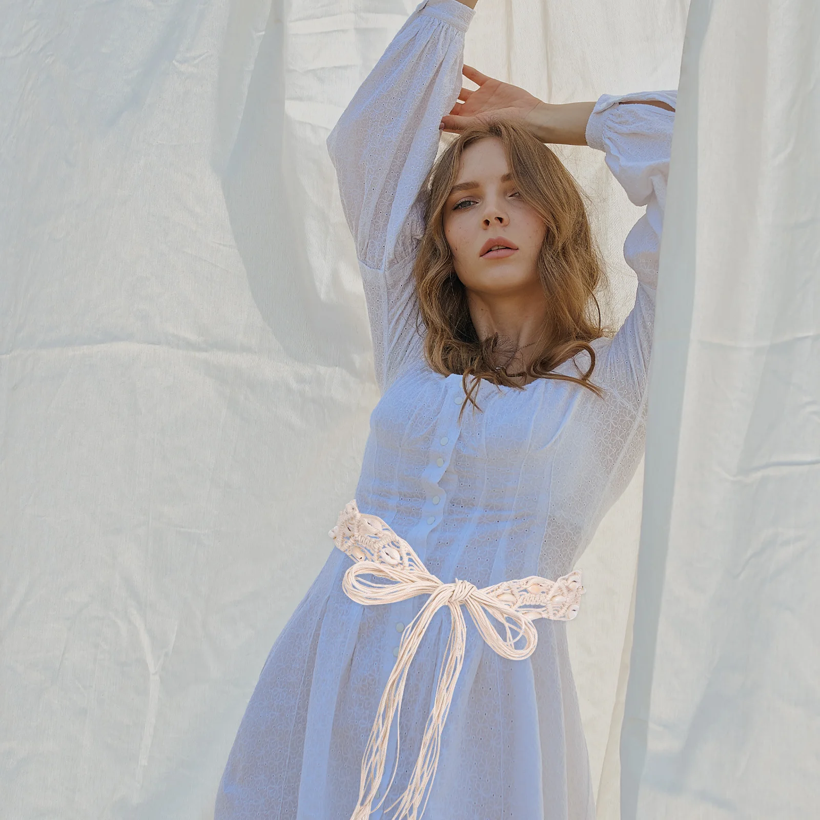 Bohemian Retro Waist Belt Macrame Wide Rope Belt Simulation Shells Tie Closure Beach Dress Accessory Vintage Style Women