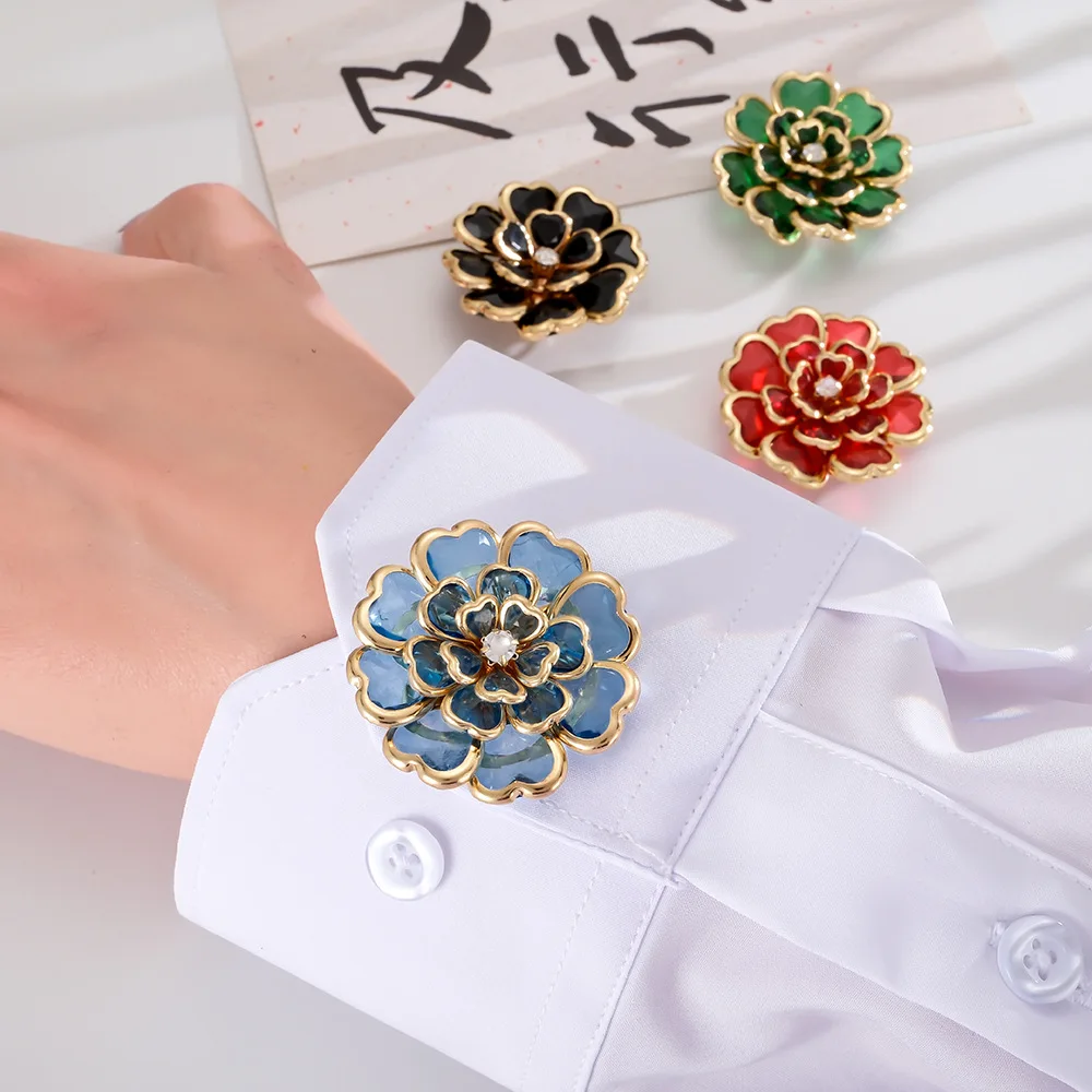 A Set  Acrylic Camellia Button Cover Shirt Cufflinks DIY Jewelry Accessories Collar Clip Decoration Fashion
