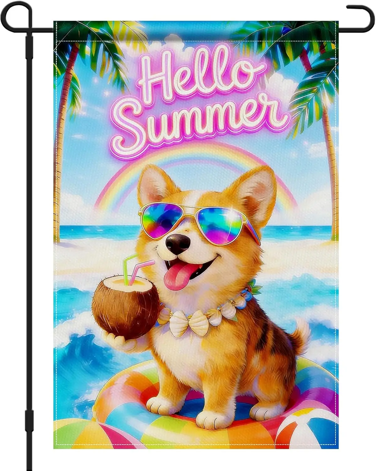 Summer Garden Flag 12x18 Inch Double Sided Burlap Hello Summer Corgi Sunglasses Coconut Beach Design Small Outdoor Yard Flag PPZ