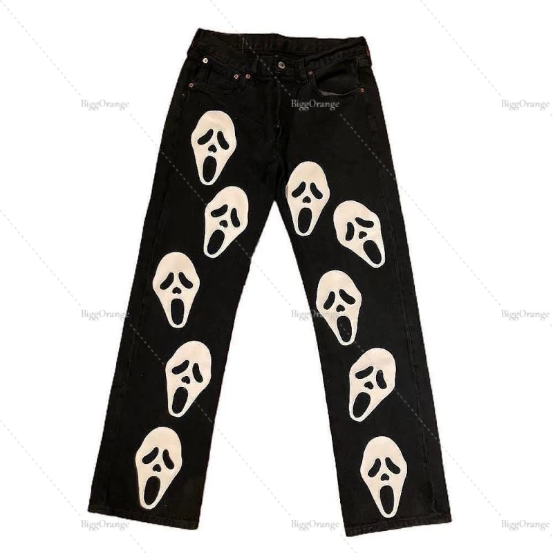 

High Quality Straight Jeans Men Ghost Print Y2k Loose Denim Trousers Streetwear Casual Summer Wide Jeans Man Women Pants Hip Hop