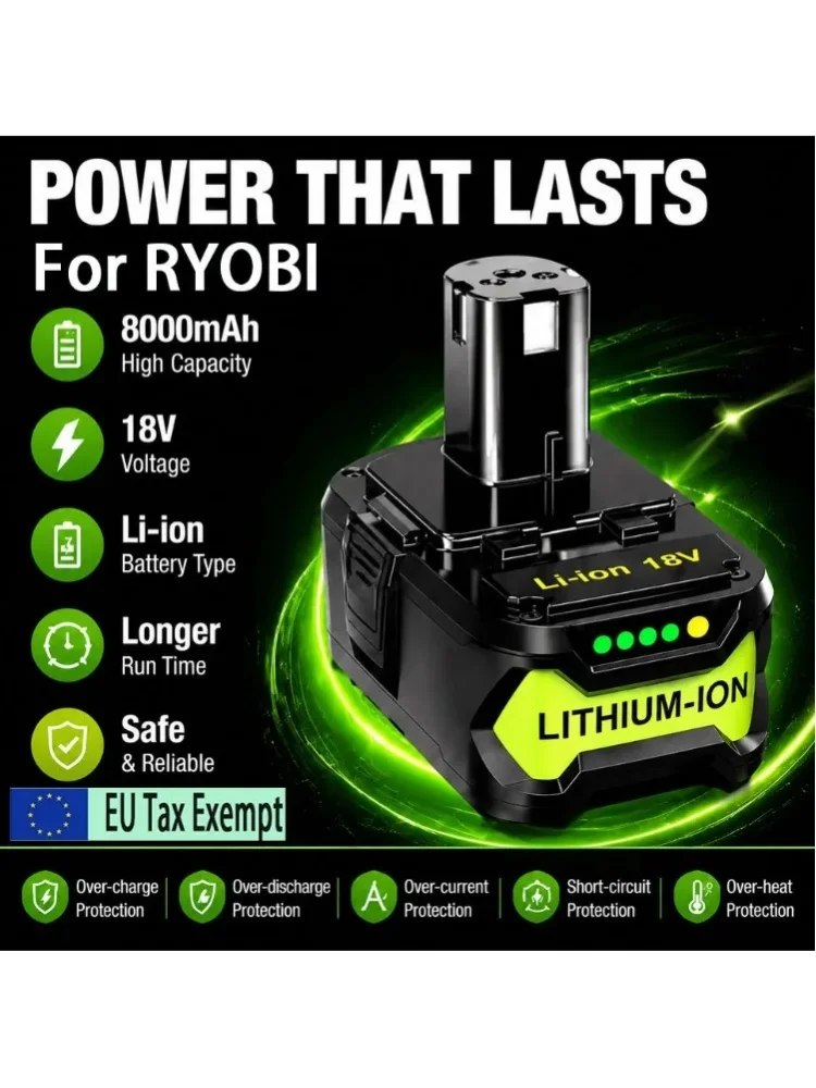 Hochleistungs-8,0-Ah-18-V-Akku für RYOBI P108 RB18L50 – Premium-Lithium-Ionen-Ersatzakku für RYOBI 18-V-Akku-Elektrowerkzeuge