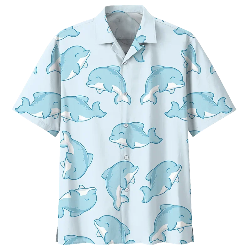 Loose Lapel Hawaiian Shirts Cute Ocean Dolphin Pattern Aloha Shirt For Men 3D Printed Sea Animal Short Sleeve Button Blouse