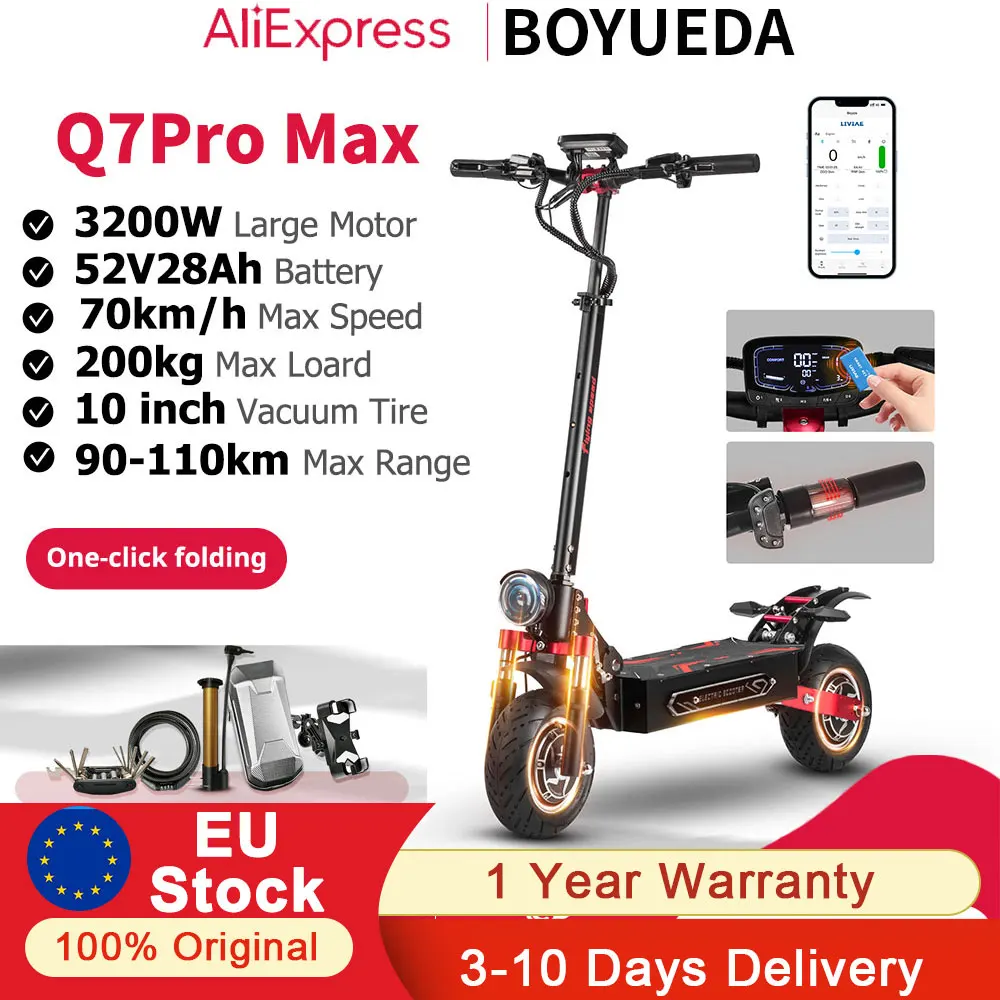 BOYUEDA Scooter elettrico Q7Pro Max 3200W Doppio motore 52V28AH con NFC attivato App Control 11 Pneumatici silenziosi E-Scooter pieghevole
