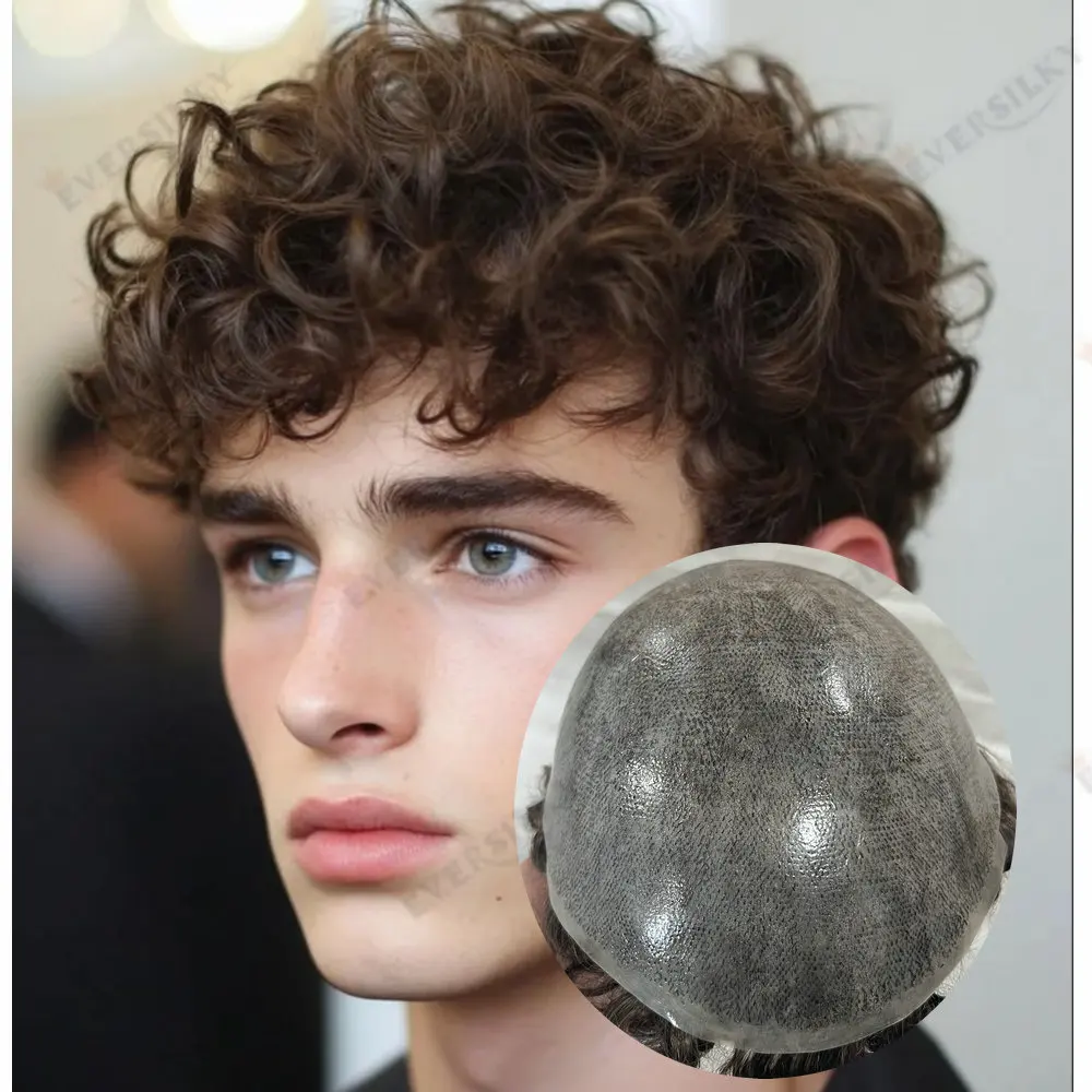 

20mm Curly Natural Hairline Durable Thin Skin Male Toupee Human Hair Full PU0.1mm Man's Wig Capillary Prosthesis Multiple colors