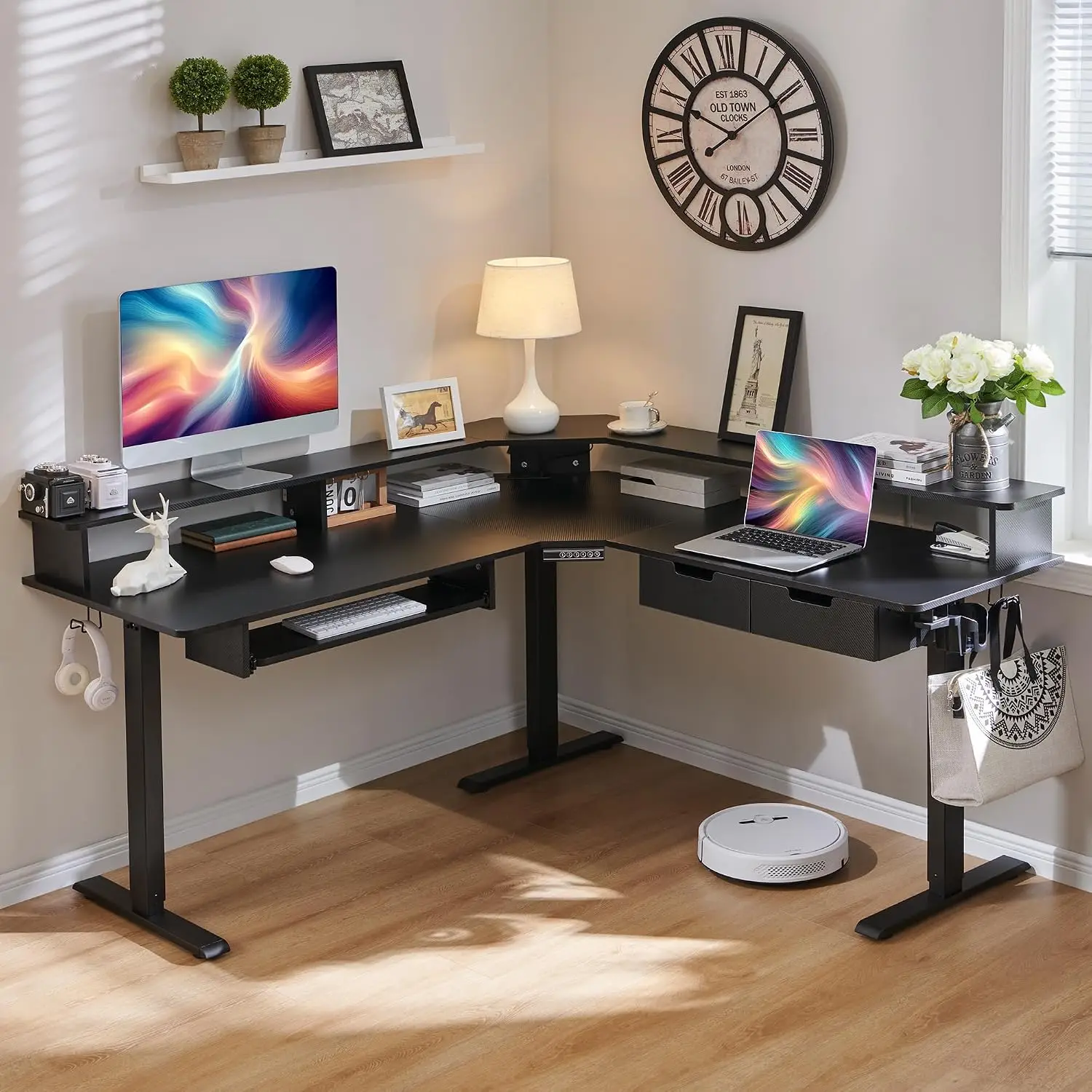 L-Shaped Electric Standing Desk, 60 inches Motor Height Adjustable Sit Stand Corner Desk with Led, Large Home, Customized