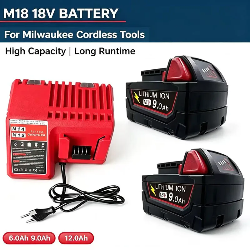 18V For Milwaukee M18 Power Tool Battery, Charger, BR, XC, 18V, 12000mAh M18B5, 48-11-1860, Built-in 18650 Battery