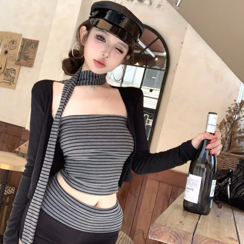 

Комплект брюк в стиле ретро для похудения, женский осенний новый открытый кардиган 2025 года, ленивый полосатый топ без рукавов, комплект Faion, ансамбль